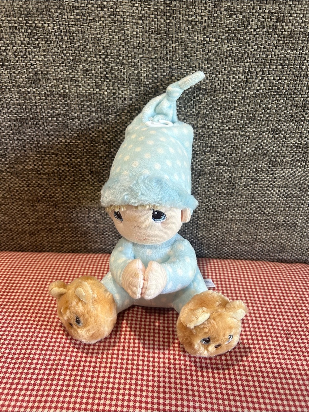 Precious Moments Light Blue Polka Dot Baby Doll with Tan Bear Slippers